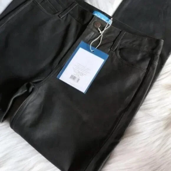 NWT Anthropologie Green Black High Rise Straight Leg Lamb Leather Pants Size 25